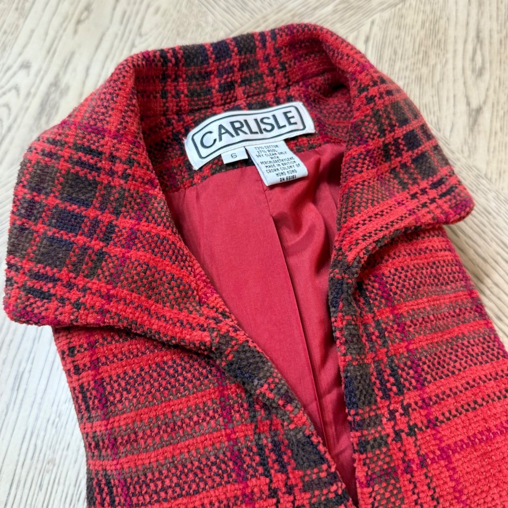 Carlisle Women's Size 6 Red Plaid Cotton Wool Blend‎ Blazer Jacket Career